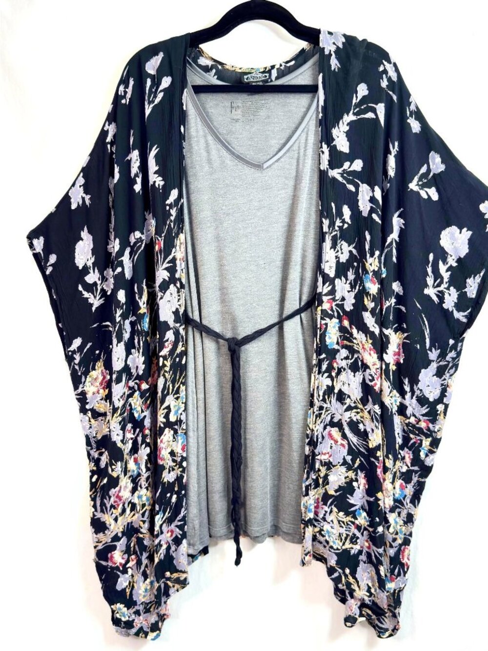 Angie Floral Semi Sheer Kimono Duster Large Blue Boho Resort Vacation Cover Up